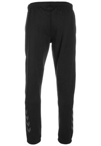 Pantalones de chándal negros con cinturilla elástica y piernas ajustadas. Presenta dos patrones en forma de chevron en los laterales en un tono de negro más oscuro.