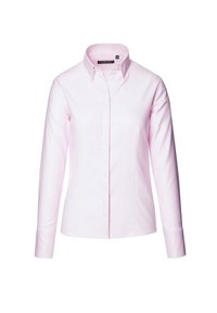 Długosleeve koszula z guzikami w jasnoróżowym materiale, z charakterystycznym kołnierzykiem i dopasowanym krojem z subtelnym wykończeniem szwów.
