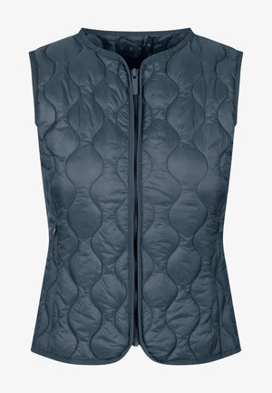 Vesta matlasată în albastru închis, cu un guler înalt, fermoar frontal și un model în valuri în țesătură. Design fără mâneci.