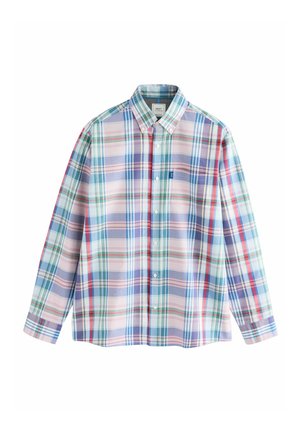 Button-up shirt in a multi-colored plaid pattern, featuring blue, green, pink, and white hues. Made from lightweight fabric with a smooth texture.