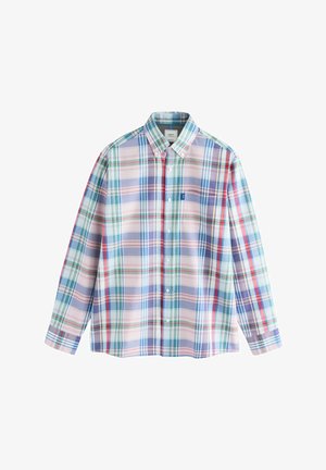 Button-up shirt in a multi-colored plaid pattern, featuring blue, green, pink, and white hues. Made from lightweight fabric with a smooth texture.