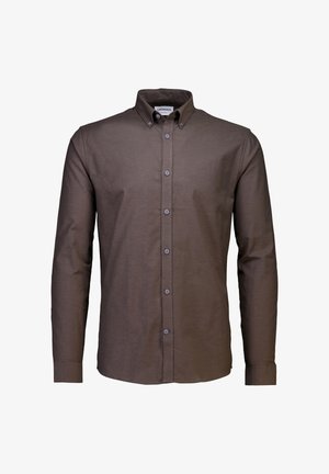 Brun langærmet skjorte med knaplukket krave, lavet af glat stof, med knapper foran og matchende knapdetaljer.