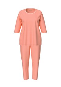 Lättvikts pyjamas set i korall med rund hals, trekvartslång ärm och prickiga byxor. Tillverkad av mjukt, andningsbart tyg.