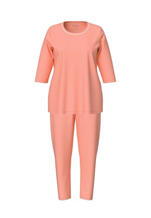 Conjunto de pijama ligero en color coral que incluye un cuello redondo, mangas tres cuartos y pantalones con lunares. Fabricado en un tejido suave y transpirable.