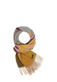 Multicolored scarf featuring shades of gray, yellow, maroon, and olive; soft texture with frayed edges and geometric pattern details.
