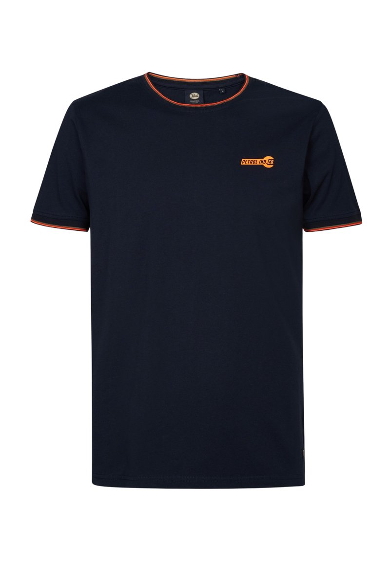 Námornícky modré bavlnené tričko s oranžovým lemovaním na golieri, krátkymi rukávmi a malým oranžovým logom na ľavej hrudi. Hladká textura. Štandardný strih.