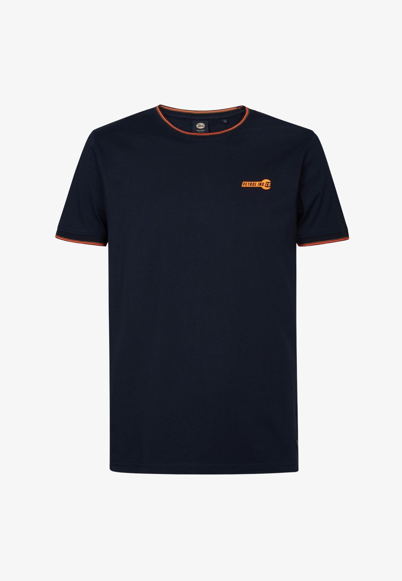 Camiseta de algodón azul marino con ribete naranja en el cuello, mangas cortas y un pequeño logo naranja en el lado izquierdo del pecho. Textura suave. Corte estándar.