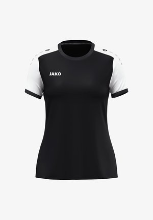 Schwarzes Sportshirt mit kurzen weißen Ärmeln, schwarzem Kragen, Stofflogo "JAKO" auf der Vorderseite und strukturierten Schulterakzenten.
