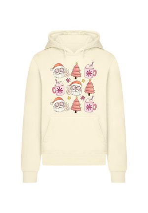 Cream-colored hoodie featuring a printed pattern of Santa, pink Christmas trees, and mugs with whipped cream, all in pastel shades.