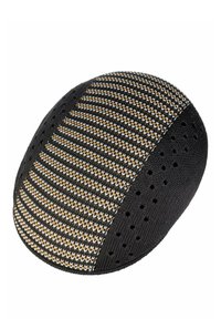 Zwarte, gestructureerde pet met een gestreept geweven patroon van gouden en witte accenten, en ventilatiegaten langs de randen voor ademend vermogen.
