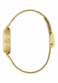 Montre en or avec un boîtier rond, un cadran argenté et un bracelet texturé de style chaîne. Boucle située sur le côté.