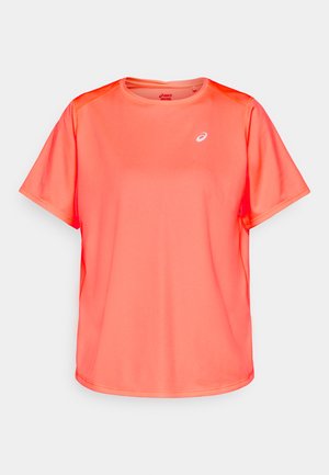 Bright coral short-sleeve athletic shirt with crew neck and small white ASICS logo on chest, displayed on plain light background.