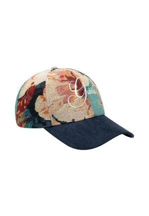 Casquette de baseball avec une visière bleu foncé et une couronne à motifs multicolores comportant un texte blanc brodé sur le panneau avant.