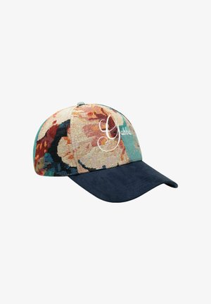 Casquette de baseball avec une visière bleu foncé et une couronne à motifs multicolores comportant un texte blanc brodé sur le panneau avant.