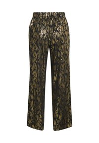 Vöölai pants, mis on valmistatud tekstuursest mustast kangast, millel on metallik kuldsed abstraktsed mustrid, elastse vöökoha ja lõdva siluettiga.