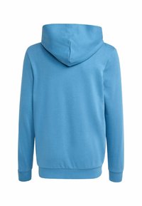 Blå bomulds hoodie med en kengurulomme, ribbede manchetter og kant. Har en hætte med snore og en glat tekstur. Bagudsigt.