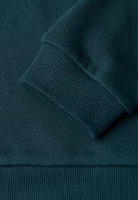 Felpa in cotone color teal con polsini e orlo a costine, texture liscia con un leggero lucido e design minimalista.