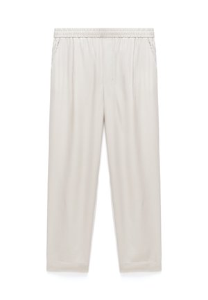 Lichtbeige broek met elastische taille, rechte pijpen en zijzakken, platliggend weergegeven op een witte achtergrond.