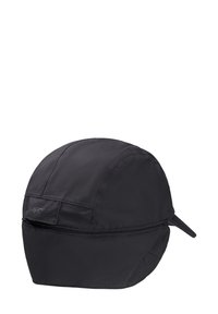 Cappello in tessuto nero con corona arrotondata, dotato di chiusura con zip sul retro, logo sul pannello frontale e un breve visiera curva.