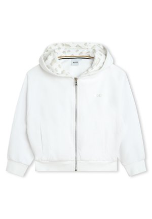 Sweat à zip blanc avec poches sur les côtés, poignets côtelés et doublure à motif à l'intérieur de la capuche, marqué "BOSS" sur la poitrine et étiquette à l'intérieur du col.
