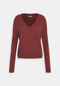 Maglione lavorato a maglia bordeaux con scollatura a V, maniche lunghe e un design testurizzato. Vestibilità classica con accenti a coste sull'orlo e sui polsini.