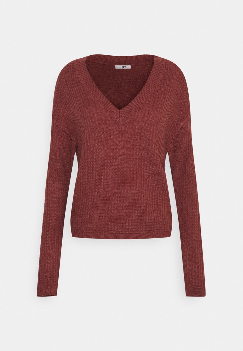 Maglione lavorato a maglia bordeaux con scollatura a V, maniche lunghe e un design testurizzato. Vestibilità classica con accenti a coste sull'orlo e sui polsini.