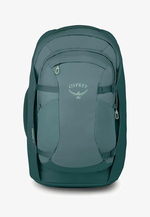 Sac à dos teal Osprey Farpoint 70 avec poches avant et latérales et sangles de compression réglables