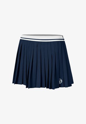 Falda plisada azul marino con cintura elástica blanca que presenta una delgada franja azul marino y un pequeño logo circular blanco cerca del dobladillo.