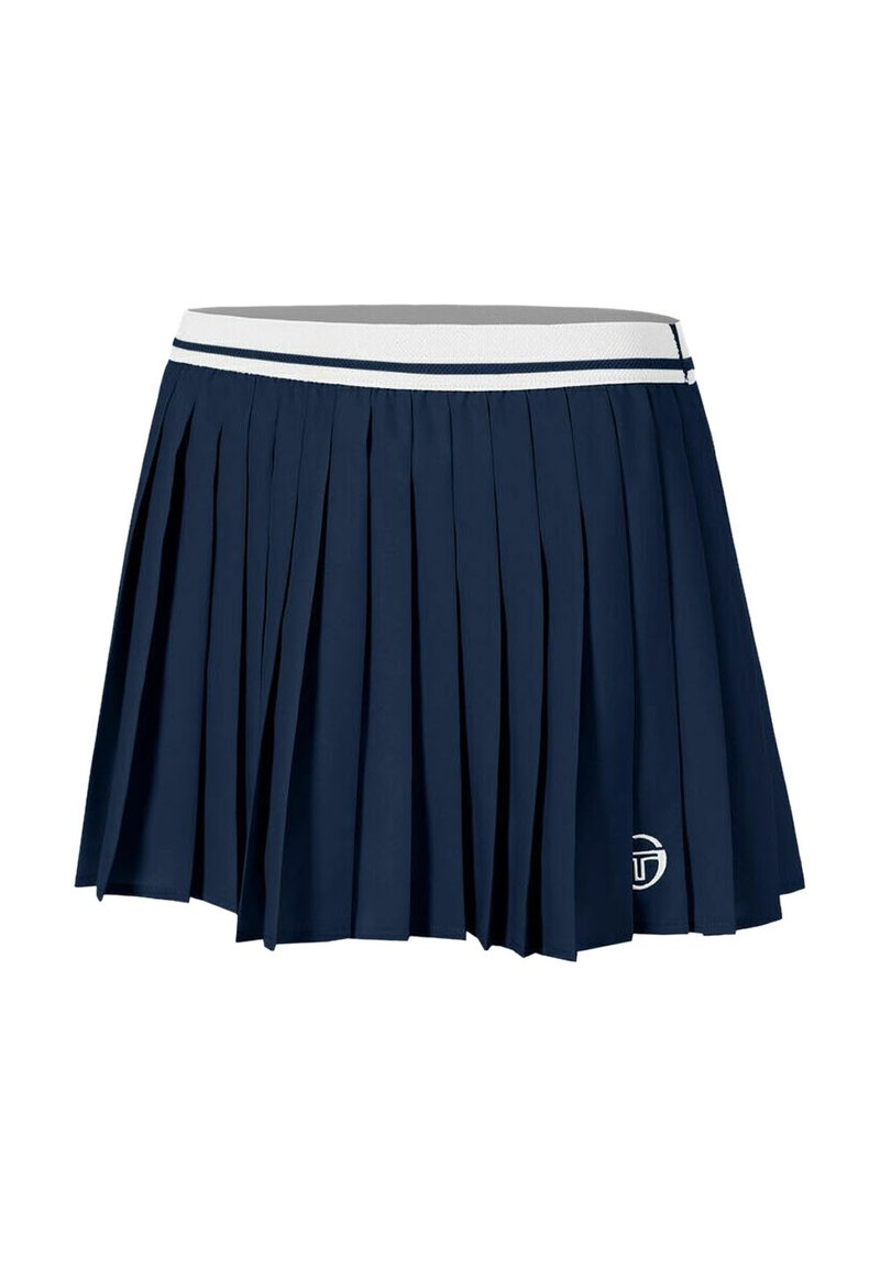 Marineblauwe geplooide rok met een witte elastische tailleband met een dunne marineblauwe streep en een klein wit rond logo bij de zoom.