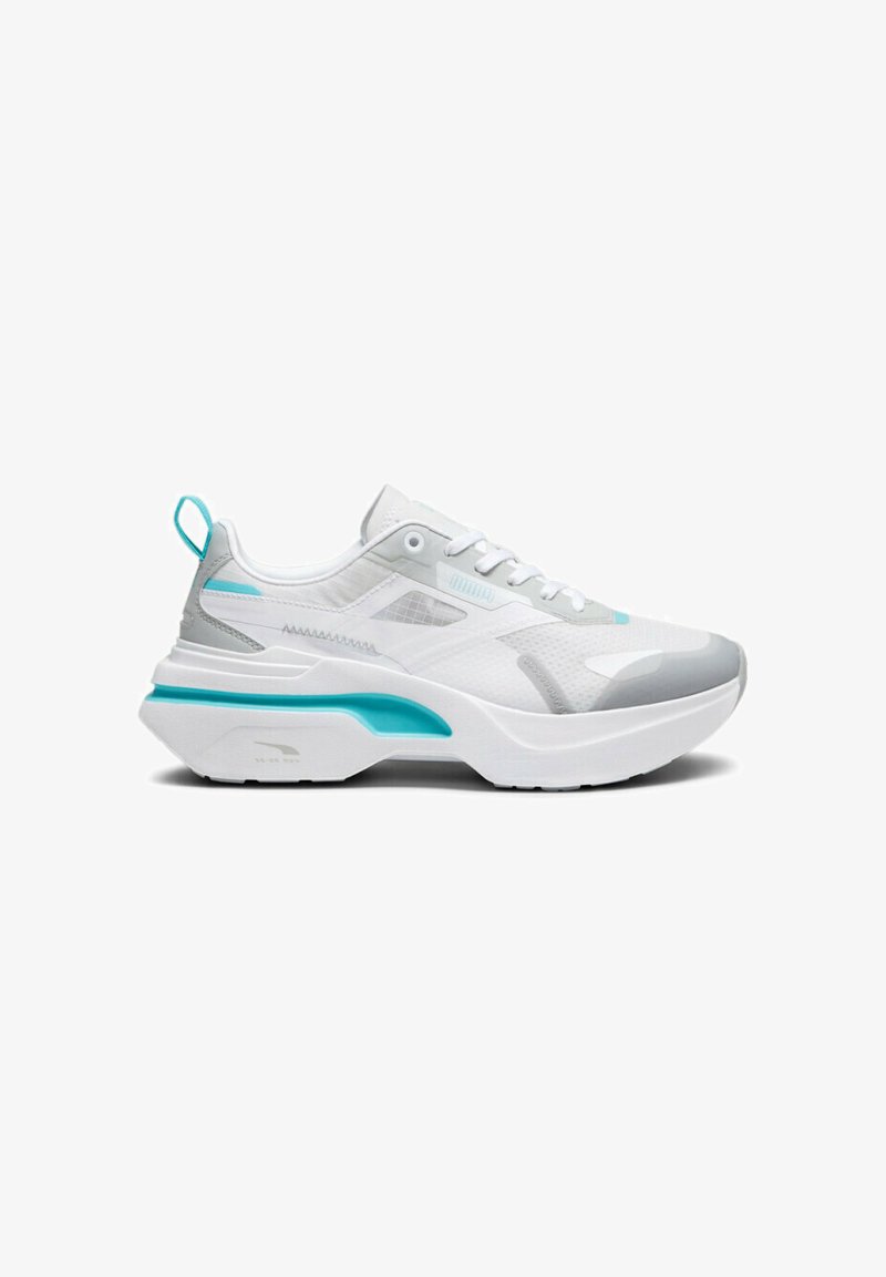 Chaussures de sport blanches avec une tige en maille, des accents gris, des touches turquoise et une semelle épaisse. Présente un design à lacets et une languette à l'arrière.
