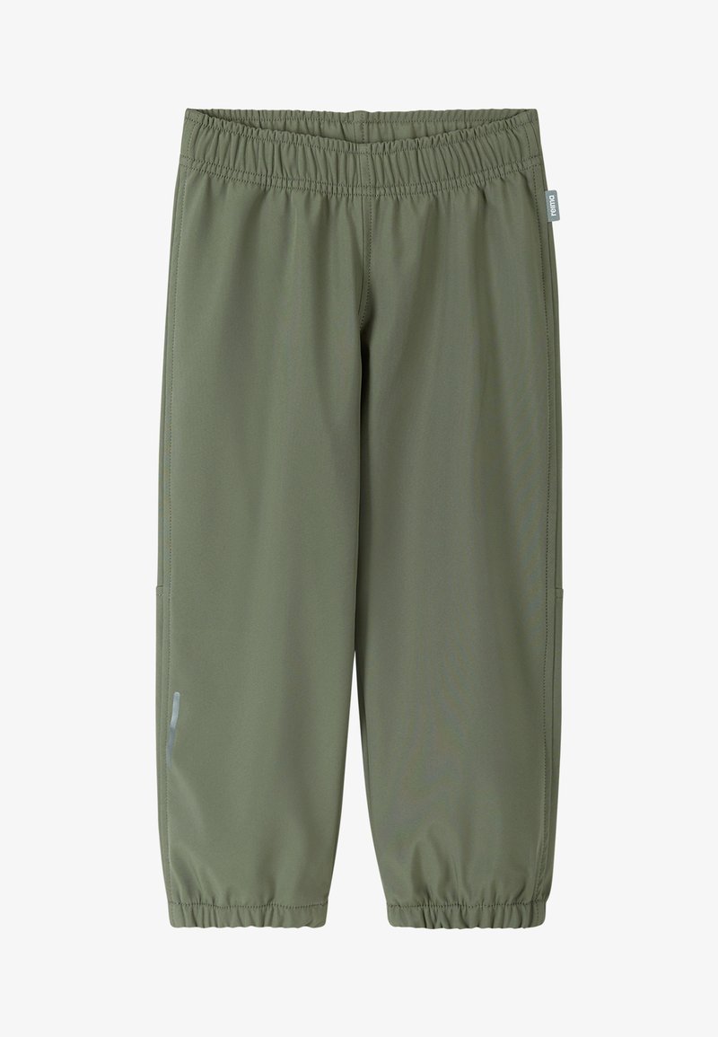 Pantalones verdes, ligeros, con cintura elástica, piernas ajustadas y bolsillos laterales. La superficie es suave y los puños son fruncidos.