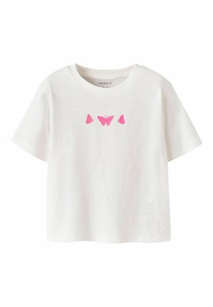 Biała koszulka z krótkim rękawem z nadrukiem trzech różowych motyli na piersi, z okrągłym dekoltem.