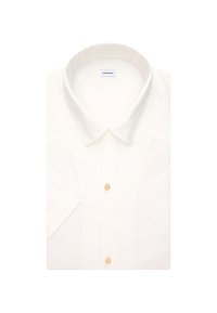 Witte overhemd met knoop, voorzien van een klassieke kraag, korte mouwen en een enkele gele knoopdetail aan de voorkant. Glad textuur.