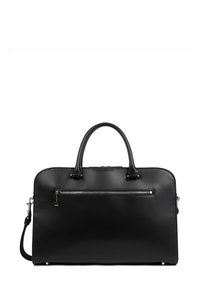 Sac à main en cuir noir avec une texture lisse, deux poignées supérieures, une bandoulière amovible et une poche zippée à l'avant. Forme rectangulaire.