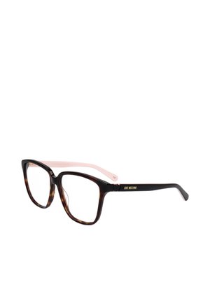Occhiali da vista quadrati tartarugati con aste interne rosa e scritta dorata "Love Moschino" sulle aste esterne nere.