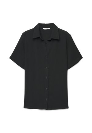 Camicia nera a maniche corte con bottoni e colletto a punta, stesa su uno sfondo bianco.