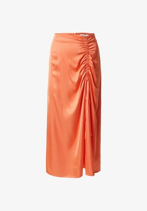Een knielange, geraffineerde rok van soepel, oranje stof met een trekkoorddetail aan één kant. Voorzien van een verborgen rits aan de achterkant.