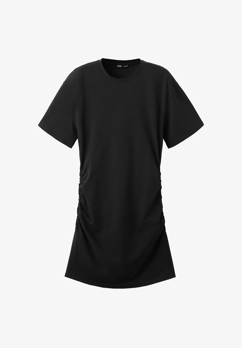 Robe tunique noire à manches courtes, col rond et léger détail de fronces sur les côtés, sur fond blanc.