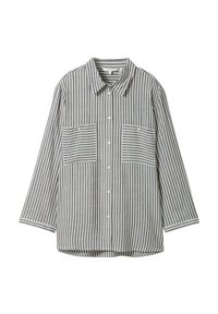 Chemise à manches longues à rayures grise et blanche. Comprend deux poches avant et un col. Fabriquée en tissu léger et texturé.