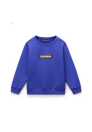 Langærmet kongeblå sweatshirt med ribbede manchetter og kant, med et sort-hvidt Napapijri-logo på brystet.