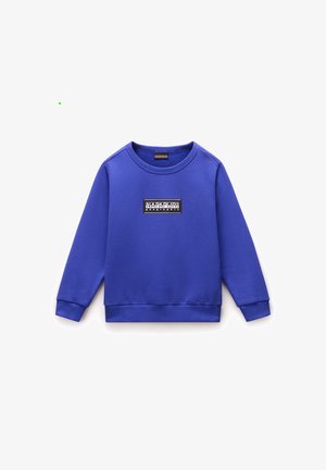 Sweat-shirt bleu royal à manches longues avec poignets et ourlet côtelés, orné d’un patch logo Napapijri noir et blanc sur la poitrine.