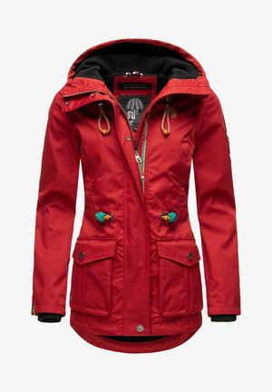 Red waterproof jacket with a hood, two front pockets, and colorful drawstring accents. Features a black fleece lining and zipper closure.