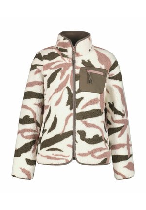 Veste en polaire avec une base crème et un motif camouflage multicolore en vert et rose. Comprend une poche zippée sur la poitrine et un col haut.