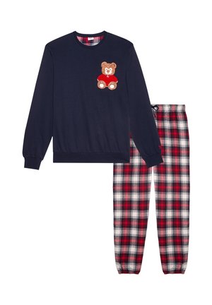 Navy sweatshirt with bear patch, paired with red, black, and white plaid pajama pants. Features elastic waistband and ribbed cuffs.