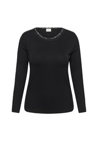 Black long-sleeve top in stretchy fabric, featuring a scalloped lace neckline and lace accents along the sleeves. Simple, fitted design.