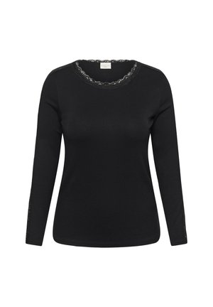Haut noir à manches longues en tissu extensible, avec un col en dentelle festonné et des accents en dentelle le long des manches. Design simple et ajusté.