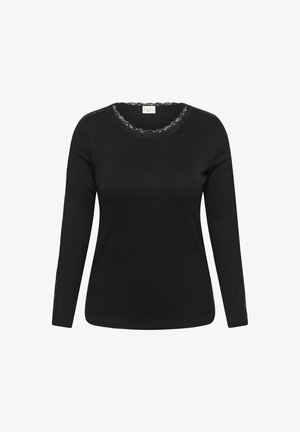Bluză neagră cu mâneci lungi dintr-un material elastic, având un decolteu din dantelă cu margini ondulate și accente din dantelă pe mâneci. Design simplu, ajustat.