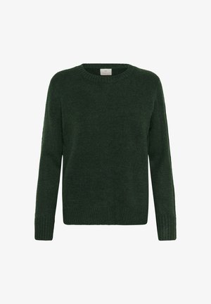 Donkere groene trui van zacht, gestructureerd materiaal, met een ronde halslijn en geribbelde manchetten en zoom. Eenvoudig, klassiek ontwerp.