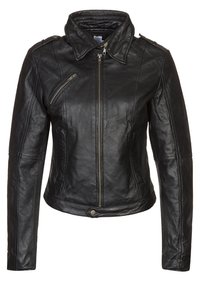 Black leather jacket with a zip closure, snap collar, and vertical zip pocket. Features fitted design and smooth texture.