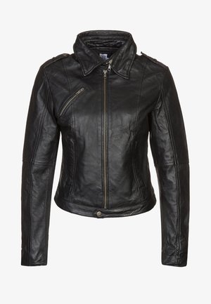 Veste en cuir noir avec fermeture éclair, col à bouton-pression et poche zippée verticale. Présente un design ajusté et une texture lisse.